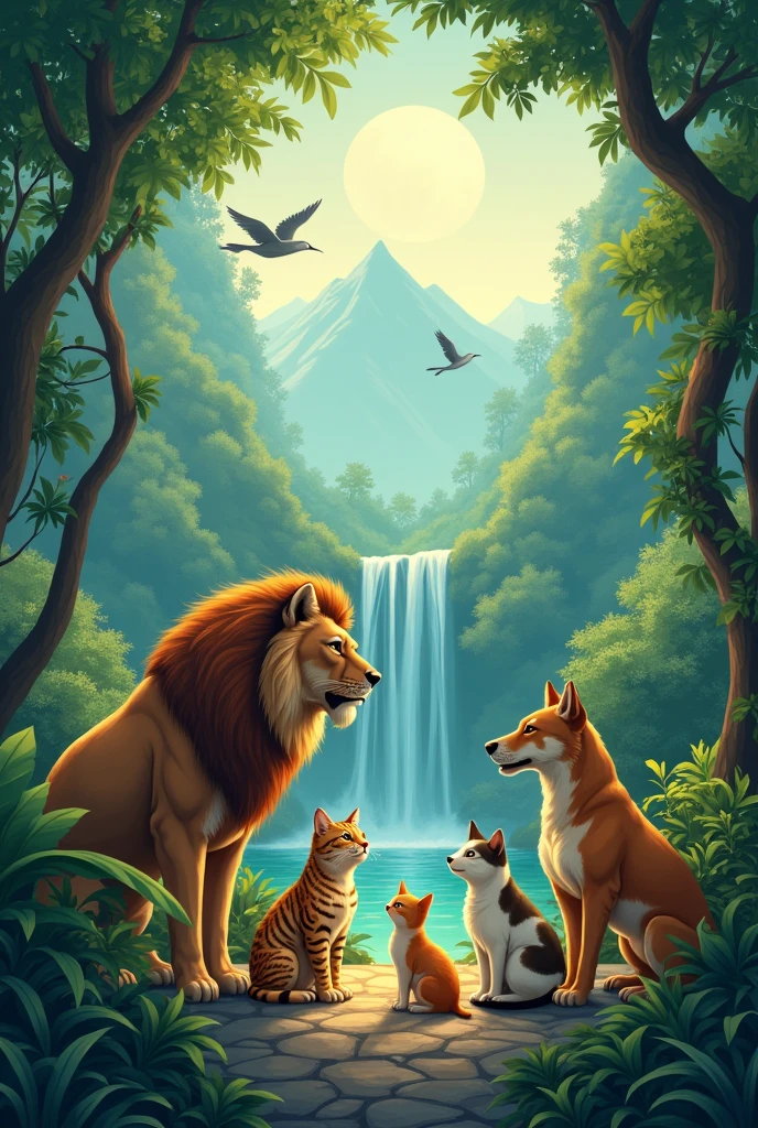 Animals kingdom in jungle living all together with love . They are like to talking to each other and some are feeding their cats and dogs . A scene like heaven on earth. Birds are whispering and a moon setting on mountain 