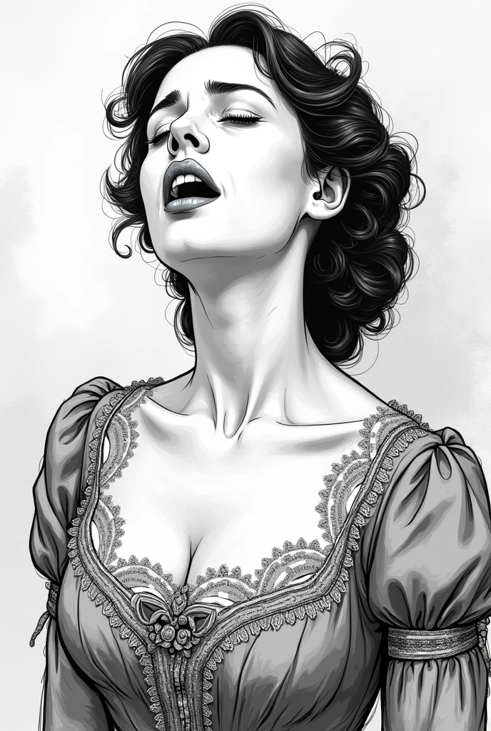a middle-aged high society lady from the 1800s breathing a sigh of relief, with manga art, in hatching, black andwhite