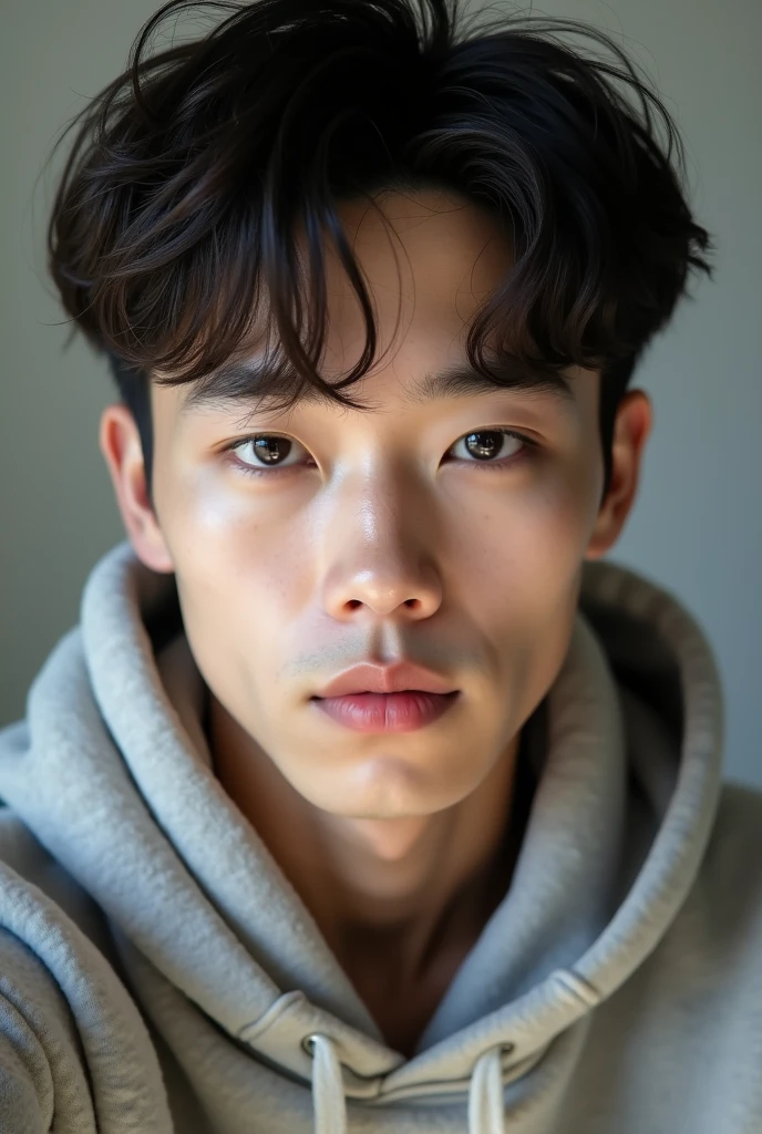 Selfie of handsome fair-skinned Korean boy wearing a hoodie 