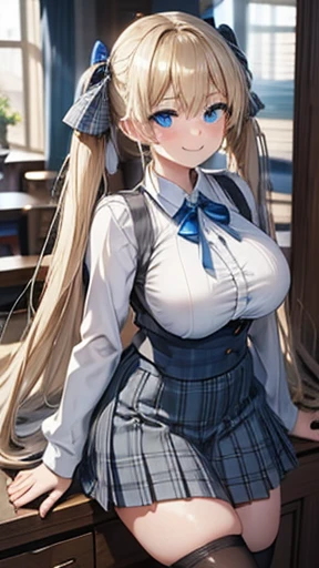 Blonde,Long twin tails,Very curled hair,Blue ribbon,Bright blue eyes,freckles,Big Breasts,ager,Gray tartan skirt, Skin-tight clothing, smile