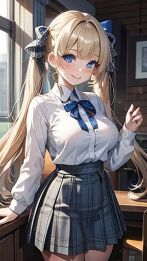 Blonde,Long twin tails,Very curled hair,Blue ribbon,Bright blue eyes,freckles,Big Breasts,ager,Gray tartan skirt, Skin-tight clothing, smile