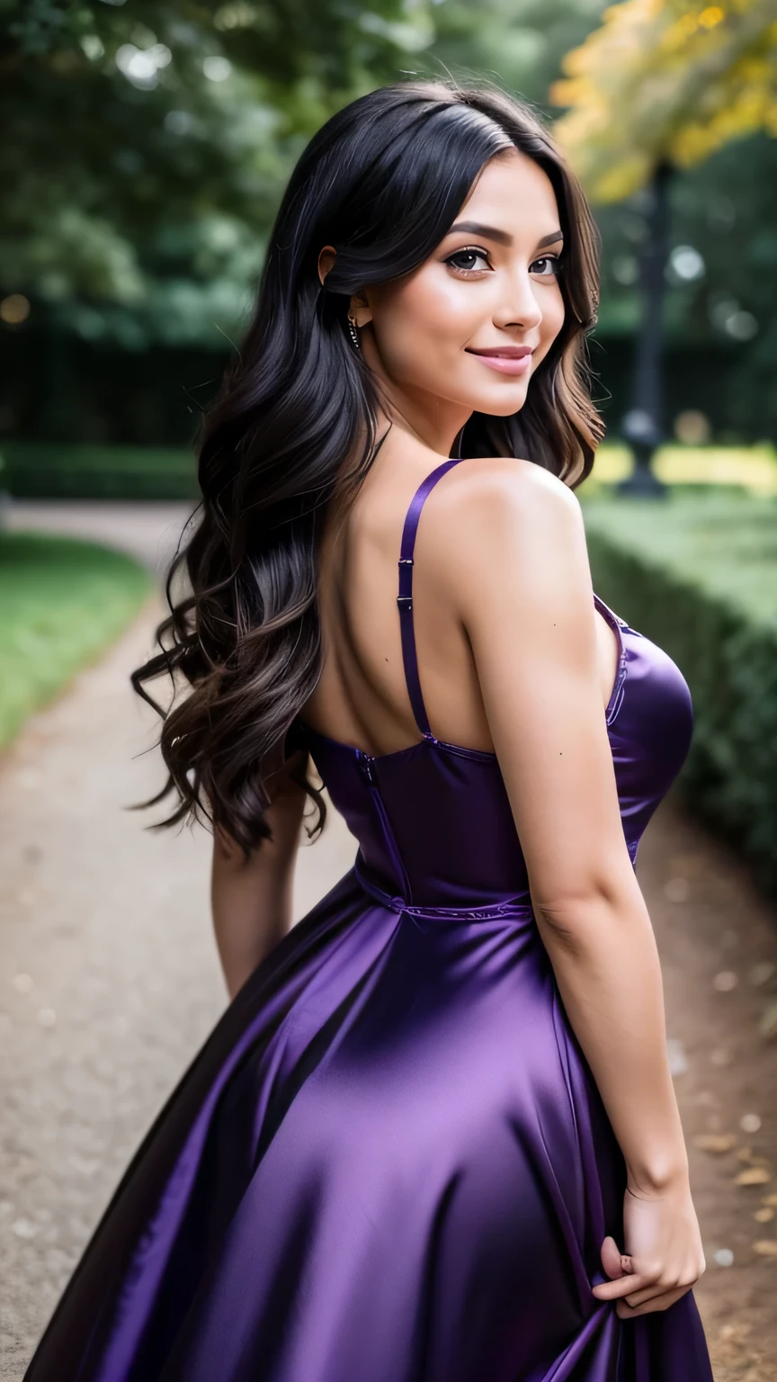 Realistic full body photo of a smiling black-haired woman with long hair, She dances in front of the camera in a long A-line dress with straps made of shiny purple satin., Park,glamour fotoshooting, Wedding celebration, perfect anatomy, perfect brown eyes. Perfect hands with 5 fingers on each hand, Matching girl, looking at the camera, 1 Frau. (Eye make up:1.1), (highly detailed skin:1.1), spirit, analog style, keen focus, 8K  UHD, dslr, good quality, Fujifilm XT3, Grain, Award-winning, ​masterpiece. Wedding celebration. She stands in the park and looks over her shoulder towards the camera. Back