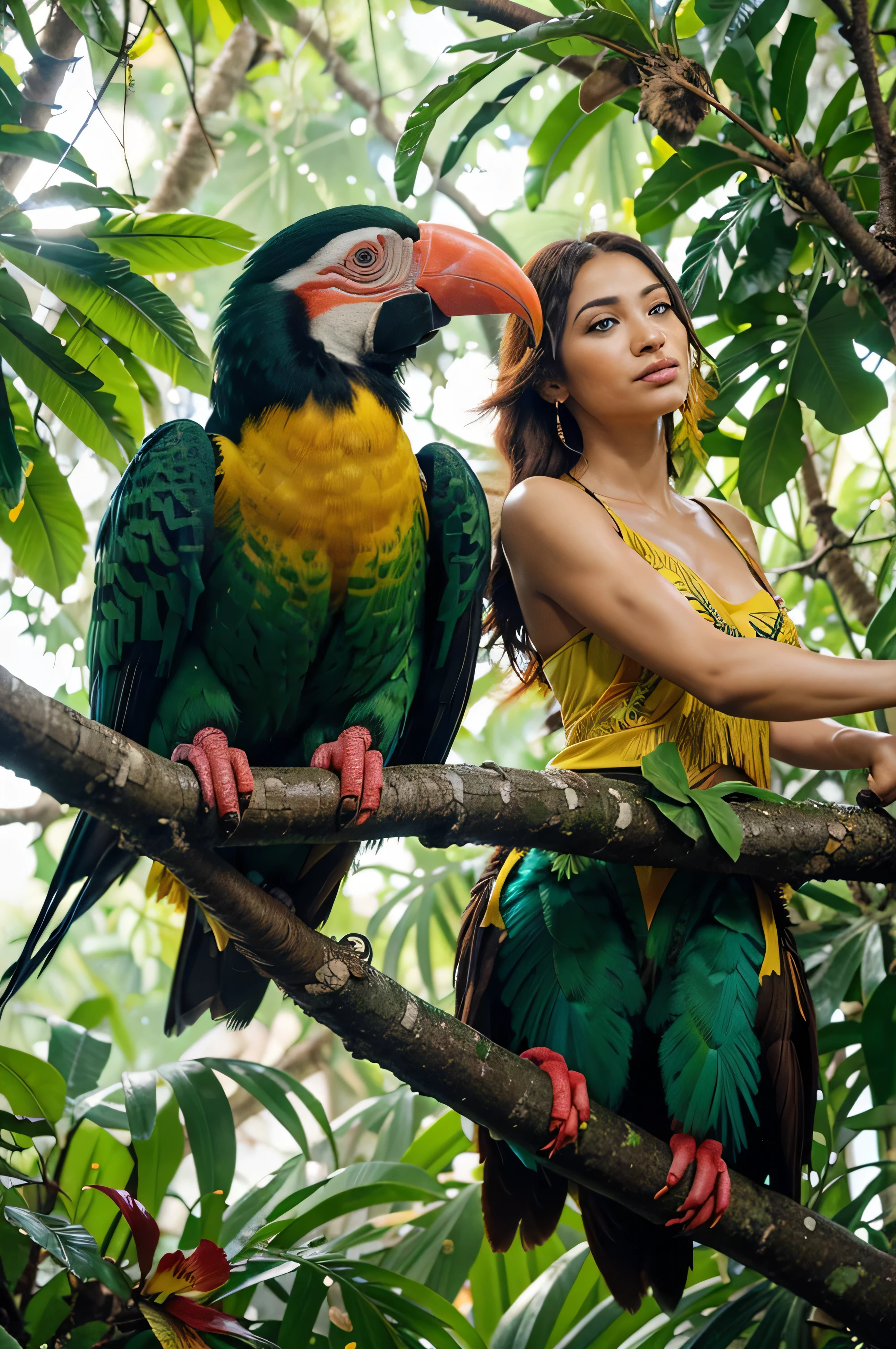 Create a dynamic and colorful image of a pair of Amazonian birds, like macaws or toucans, perched on branches in a lush, dense jungle setting. The birds should have striking plumage with vibrant colors such as deep blues, bright yellows, vivid reds, and emerald greens, capturing the essence of the Amazon rainforest. The scene should include a variety of tropical plants with large, glossy leaves and colorful flowers, such as orchids and bromeliads. The background should feature a soft focus on distant trees and a light mist, with sun rays piercing through the canopy, creating a warm, lively atmosphere. The overall style should be a mix of realism and fantasy, emphasizing the vibrant colors and details of the birds and their natural habitat. The composition should be widescreen (16:9 aspect ratio) to perfectly fit as a 1920x1080 monitor background.