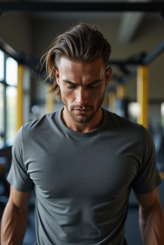 (photorealism:1.2), man in grey shirt, short hair on the side, Long hair, seeds, with a split in the middle and backwards, doing chest pulley exercise, with downward inclination, in gym, looking forward.