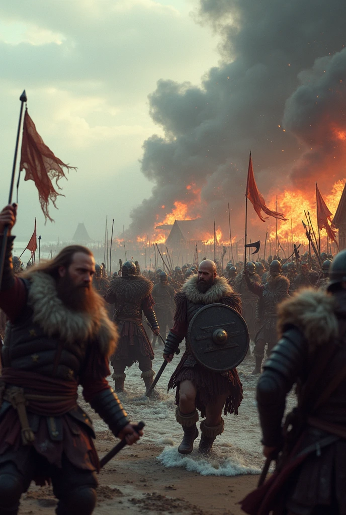 Viking Raid on a Village: An intense, action-packed scene showing Viking warriors storming a coastal village, with flames and smoke rising from burning buildings. The warriors are depicted in fierce combat with defenders, their battle cries echoing through the chaos.