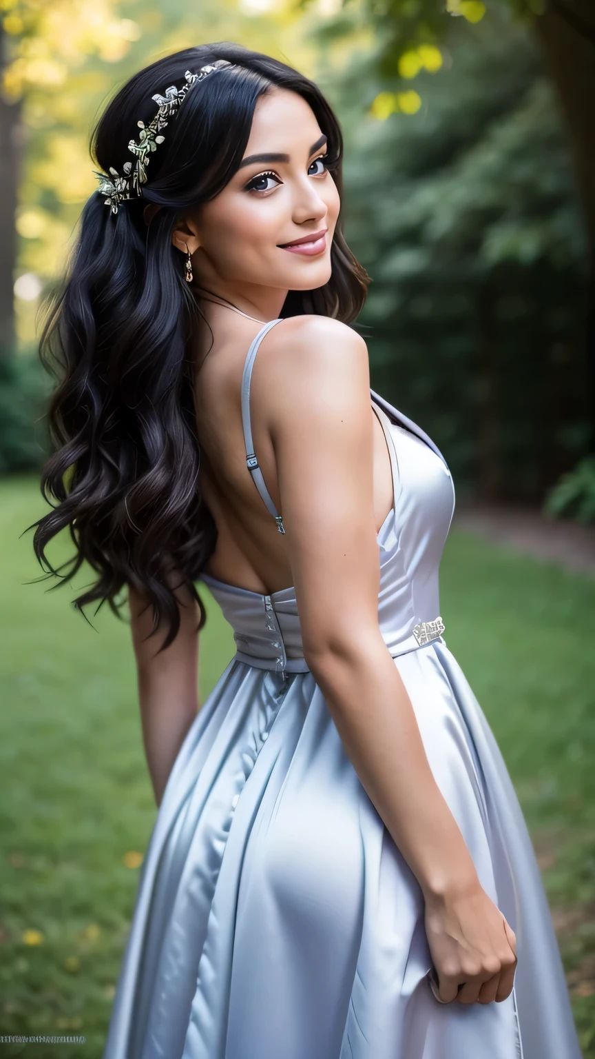 Realistic full body photo of a smiling black-haired woman with long hair, She dances in front of the camera in a long A-line dress with straps made of shiny purple satin., Park,glamour fotoshooting, Wedding celebration, perfect anatomy, perfect brown eyes. Perfect hands with 5 fingers on each hand, Matching girl, looking at the camera, 1 Frau. (Eye make up:1.1), (highly detailed skin:1.1), spirit, analog style, keen focus, 8K UHD, dslr, good quality, Fujifilm XT3, Grain, Award-winning, masterpiece. Wedding celebration. She stands in the park and looks over her shoulder towards the camera. Back