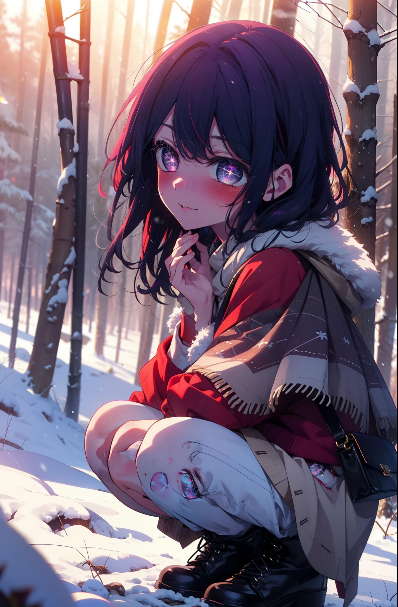 aihoshino, Ai Hoshino, Long Hair, bangs, (Purple eyes:1.1), Purple Hair, (Symbol-shaped pupil:1.5), smile,,smile,blush,white breath,
Open your mouth,snow,Ground bonfire, Outdoor, boots, snowing, From the side, wood, suitcase, Cape, Blurred, , forest, White handbag, nature, Squat, Mouth closed, Cape, winter, Written boundary depth, Black shoes, red Cape break looking at viewer, Upper Body, whole body, break Outdoor, forest, nature, break (masterpiece:1.2), Highest quality, High resolution, unity 8k wallpaper, (shape:0.8), (Beautiful and beautiful eyes:1.6), Highly detailed face, Perfect lighting, Highly detailed CG, (Perfect hands, Perfect Anatomy),
