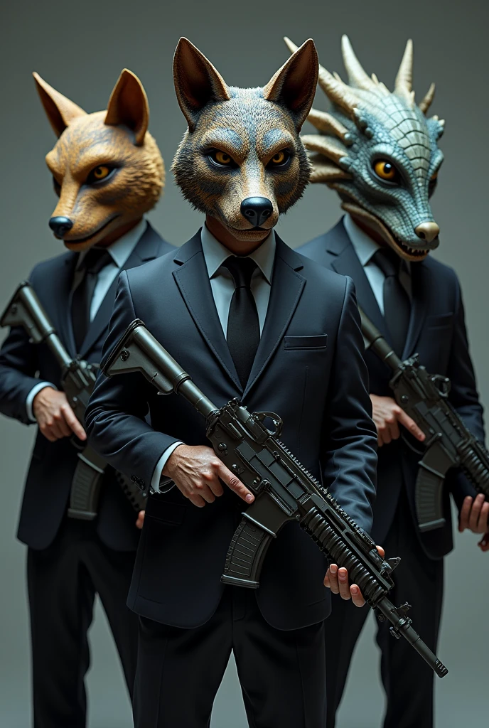 3 people with super realistic and comfortable masks, the 3 paras and suits , en medio uno com mascara de lobo 🐺 a la derecha uno con mascara de dragón 🐲   a la izquierda uno con mascara de alienigena 👽 los 3 com armas y muchas balas,., that all 3 can be seen in HD