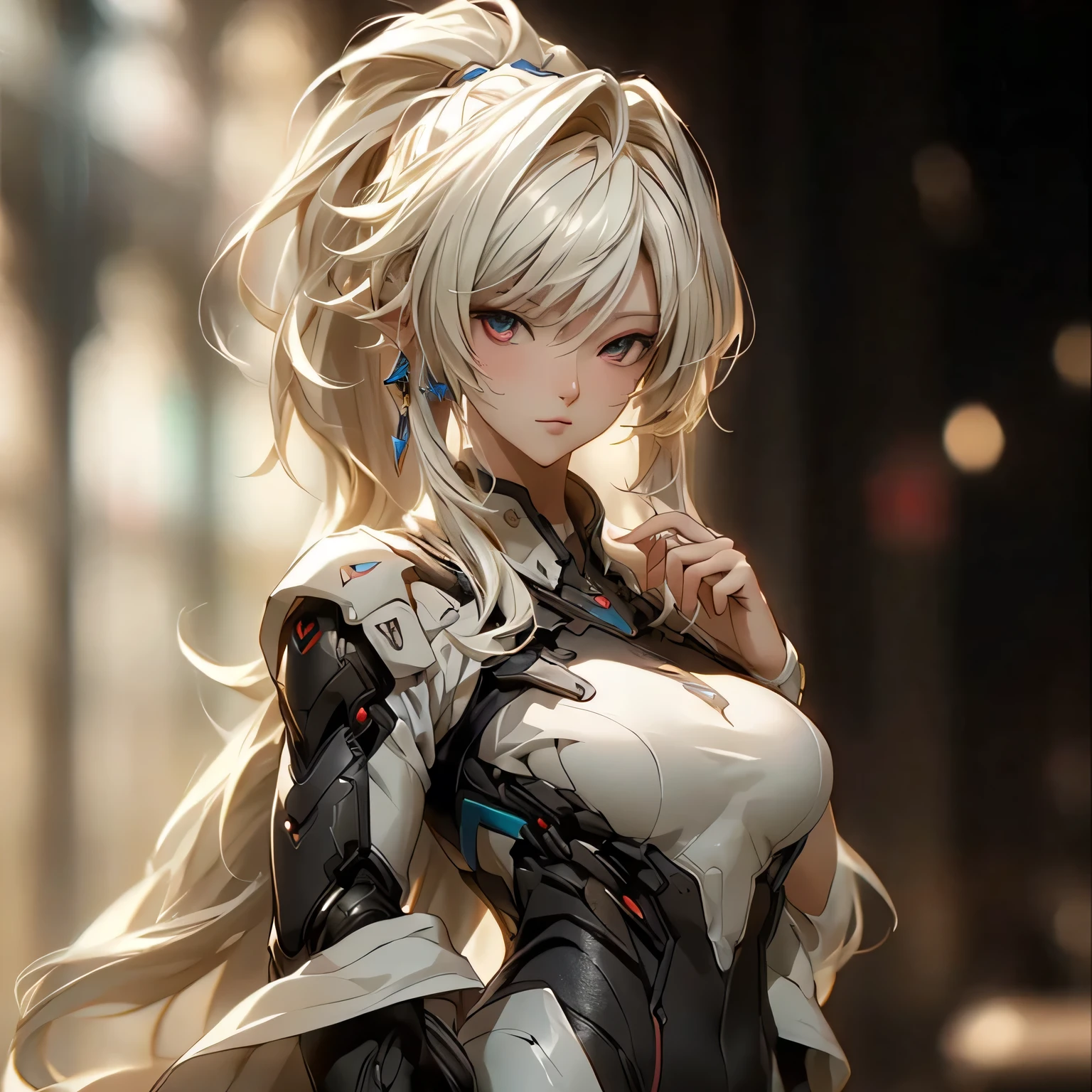 (best quality)), ((Masterpiece)), (details:1.4), 3d, HDR (high dynamic range), an image of a beautiful cyberpunk female, fantasy, Hips up, Blonde hair, High ponytail, Red eyes, จมูกโด่ง, ปากแดง, หน้าอกใหญ่, nvidia RTX, PBR surface, After processing, Anisotropic filtration,depth of field, Maximum clarity and clarity, multi-layered surface, Subsurface scattering, perfect proportions, 8K raw files, ultra detailed, Perfect proportions, volumetric lighting, soft lighting, Holy Paladin, Heavy black Armor, glossy skin, chapel background, jewely, ต่างหู, นิ้วมือสมบูรณ์,
