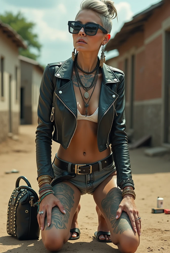 russian milf woman, grey hair (pouf, and top bun and shaved sides) and oversized square maxi sunglasses as headband, with very light blue eyes, extremely pale. Wearing tight aged black cropped moto jacket with lots of zippers and pins; white bikini, flip flops . Chain around hips like belts. Dirty knees and dusty hands. Lots of metallic bracelets, lots of boho pendants and lots of colourful beads collars. Long boho earrings with colourful feathers. Chains around the hips. Squatting, looking up, chin up, stretching her neck , humble facial expression. Hands on her knees, showing off bracelets and rings. studded black leather tote bag with chain on the floor, next to her.. Listening looking up in amazement to somebody speaking to her from above, well toned abdominals, thin neck, slim legs and thin arms. Narrow hips Cleavage, stomach, neck, tigh and hands completely covered with tattoos. Dirt street in Kenyan village full of waste. A lot of tanned shirtless fat men in jeans around looking at her. next to her, all her belongings scattered on the floor: tobacco packs, makeup kit, little makeup mirror, studded black leather tote bag, lipstick, wallet, moble etc on the floor