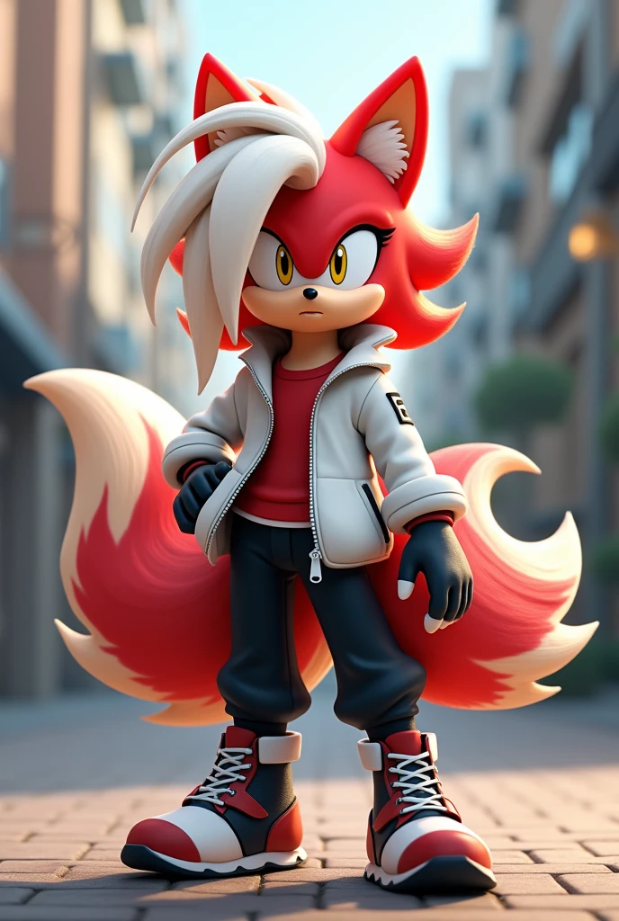 Create a Kitsune with long hair that is half white and half red, with a big ponytail, with fringe on the left side, yellow  eyes, eyes large, humanoid, with ears and nine tails,in the form of a Sonic-style character, o nome dele é Kito Kaiiatsubaky, Men&#39;s White Windbreaker Jacket with Red Shirt, black pants and men&#39;s boots,with gloves, Personalidade: always cheerful and lively and willing to protect his friends and companions.