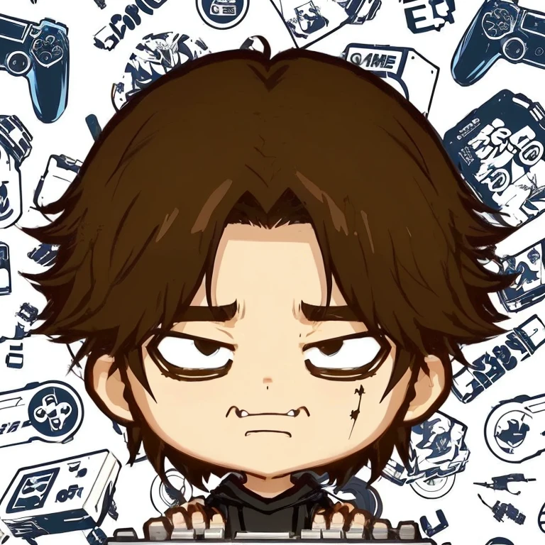 A cartoon boy with a keyboard and lots of stickers around him., ig studios anime style, anime moe art style, Highly detailed angry anime faces, Baki style, Advanced Digital Chibi Art, in anime style, in anime style, Anime style characters, call anime style, 2d game avatar upper body, Official fan art, cartoon art style, Eren Yeager