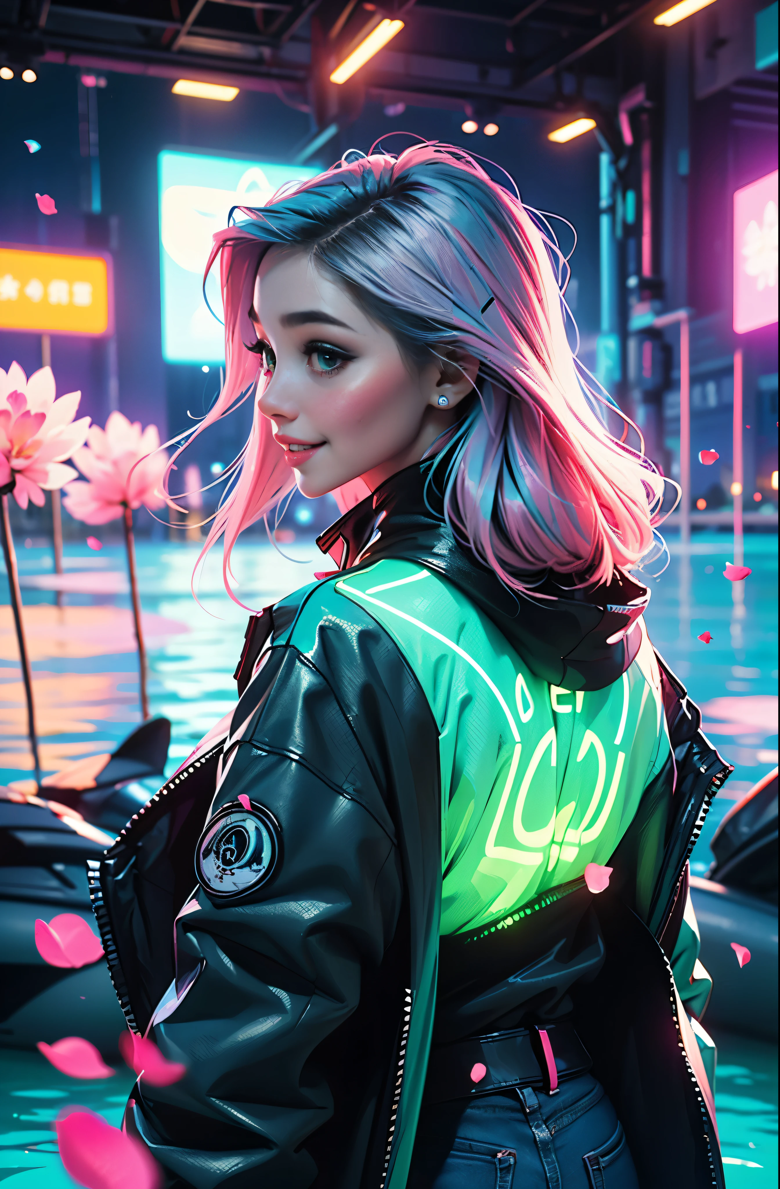 cyberpunk female woman wearing (turquoise Jacket with chromatic accents:1.1), sleek pink and White full bodysuit, side view turning to face camera, (Petal Blush, Lagoon Blue color background:1.3), amazing smile, looking at camera, neon lights 