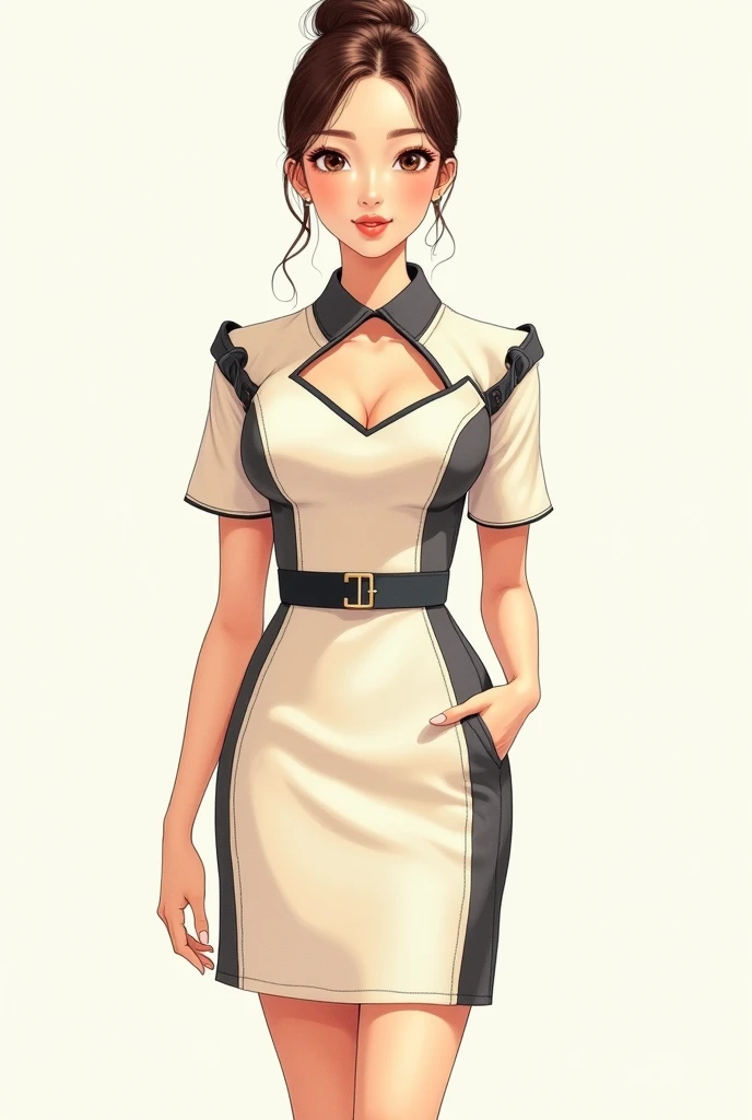 Women's short-sleeved flight attendant uniform, V-neck, no collar, cream color, with dark gray details, round color, luxurious, minimal, a little fashionable, Lanna style, a little more colorful, full body, legs visible, the shirt and skirt are separate, from the same collection, watercolor mixed with colored pencils.