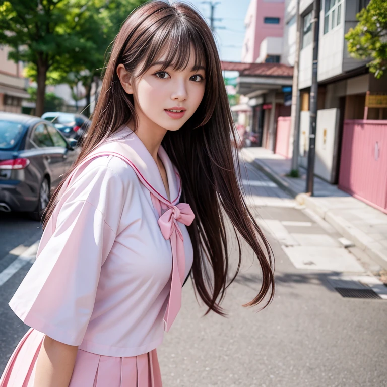 Wear Kitauji High School uniform, White sailor suit, Pink pleated skirt, Sailor suit with pink collar on white background, White clothes, laughing out loud,pink collar, Wear student sailor uniform, 水手服是白色底pink collar,pink collar子,Pink pleated skirt,Pink navy collar,(knee shot), 1 girl, On the face, light brown hair, blunt bangs, hair behind ears, Hair over the shoulders, long hair, Slender body type, Super thin face, face slimming, delicate lips, beautiful eyes, Thin blush, Eyes are light brown,Check it out here, (realistic:1.3), Standing next to a Japanese street, 8k, , Super detailed, high quality, best quality, High resolution, ,Large Breasts,H CUP, 3