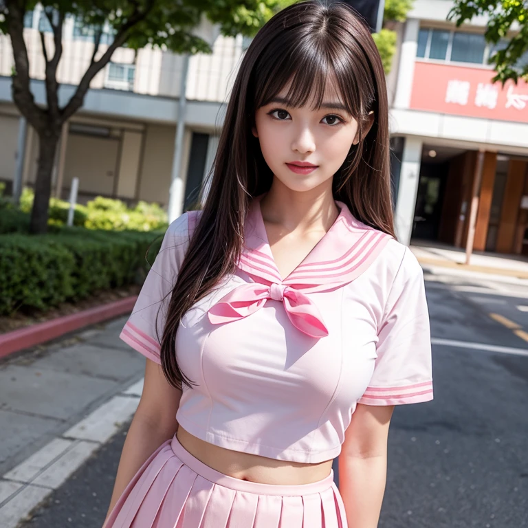 Wear Kitauji High School uniform, White sailor suit, Pink pleated skirt, Sailor suit with pink collar on white background, White clothes, laughing out loud,pink collar, Wear student sailor uniform, 水手服是白色底pink collar,pink collar子,Pink pleated skirt,Pink navy collar,(knee shot), 1 girl, On the face, light brown hair, blunt bangs, hair behind ears, Hair over the shoulders, long hair, Slender body type, Super thin face, face slimming, delicate lips, beautiful eyes, Thin blush, Eyes are light brown,Check it out here, (realistic:1.3), Standing next to a Japanese street, 8k, , Super detailed, high quality, best quality, High resolution, ,Large Breasts,H CUP, 3