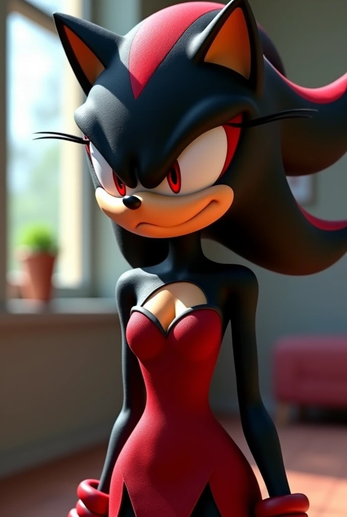 Sonic the Hedgehog Style Image, Shadow the Hedgehog feminina, Female Shadow, portraite, cut the body, bored expression wearing a tight red dress with sweetheart neckline indoors