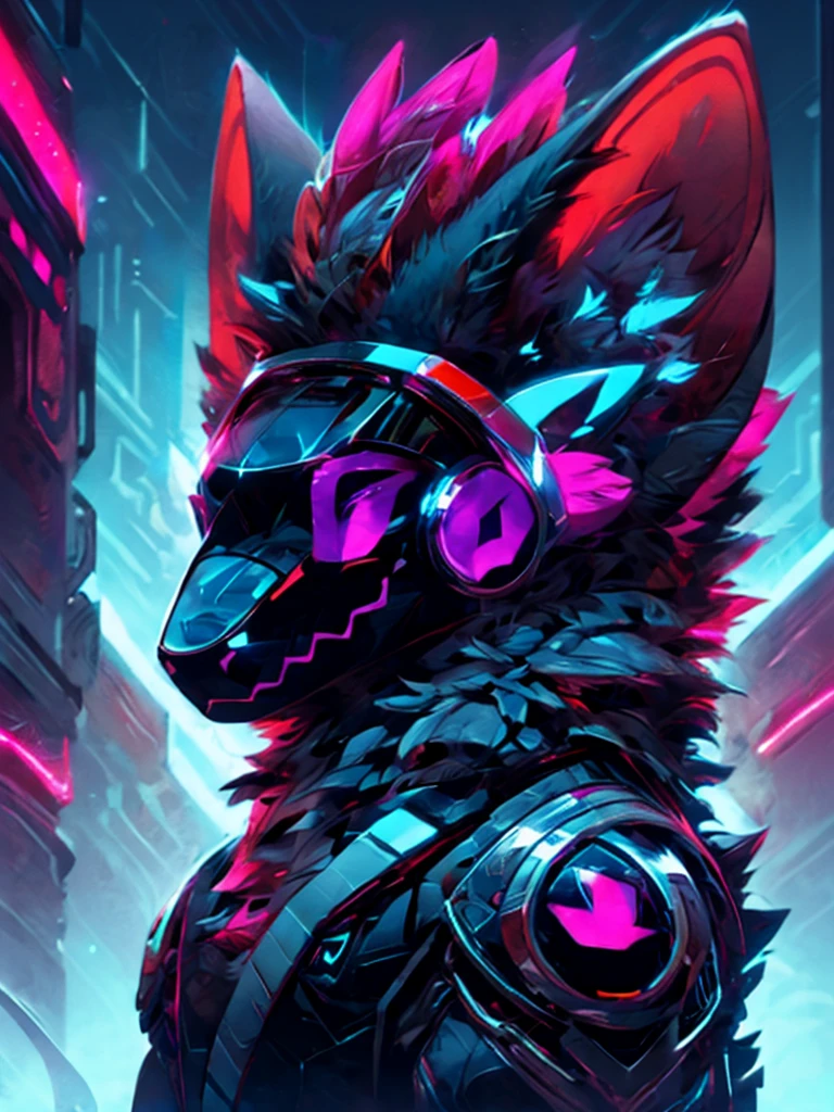 male character, protogen, primagen, furry, furry character, fur, fluff, blue fur, advanced technology, fox ears, chrome light armor, protogen modern black armor, looking at the landscape, future city, cyberpunk city, effeminate, dynamic lighting, purple neon, blue lights, neon lights, single character, high definition, high quality, detailed, beautiful, piece of art, incredible art