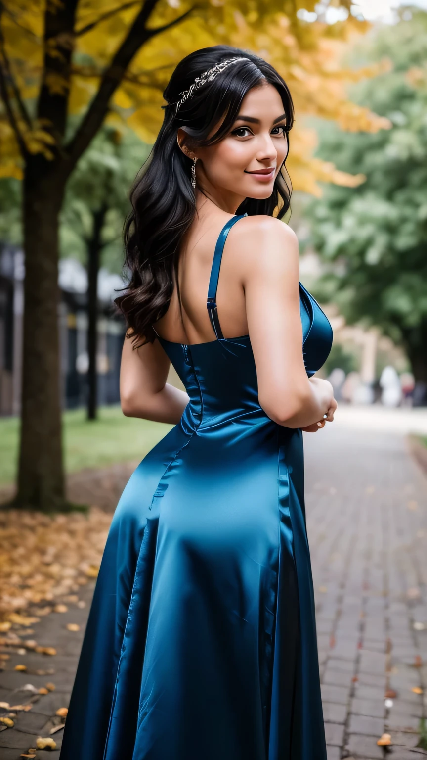 Realistic full body photo of a smiling black-haired woman with long hair, She dances in front of the camera in a long A-line dress with straps made of shiny blue satin., Park,glamour fotoshooting, Wedding celebration, perfect anatomy, perfect brown eyes. Perfect hands with 5 fingers on each hand, Matching girl, looking at the camera, 1 Frau. (Eye make up:1.1), (highly detailed skin:1.1), spirit, analog style, keen focus, 8K UHD, dslr, good quality, Fujifilm XT3, Grain, Award-winning, masterpiece. Wedding celebration. She stands in the park and looks over her shoulder towards the camera. Back