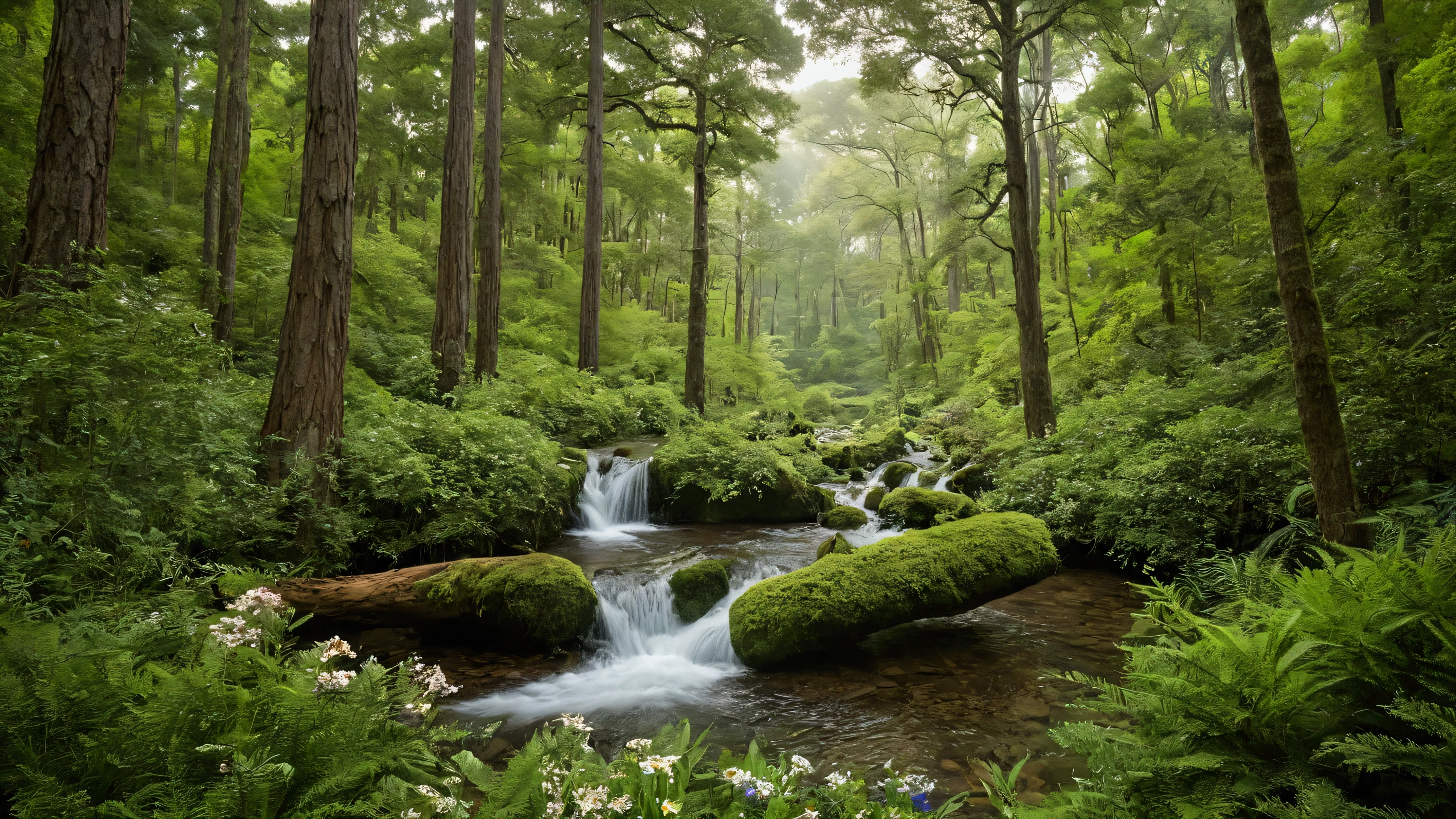 
A tranquil, ultra-high resolution image capturing the serene experience of being in a lush pine and cypress forest. This is vast forest, towering emerald huge trees stretch towards the sky, their dense foliage creating a natural canopy. Sunlight filters through the leaves, casting dappled patterns on the forest floor. Through the gaps in the trees, a clear blue sky with fluffy white clouds is visible. In the distance, two cascading waterfalls—one large and one smaller—pour down gracefully, their white streams blending with the green surroundings. A crystal-clear stream flows gently from the base of the waterfalls, winding through a vibrant carpet of lush grass dotted with colorful wildflowers. A playful squirrel leaps across the scene while birds flutter gracefully among the trees, adding life and movement to this peaceful, nature-filled setting.

