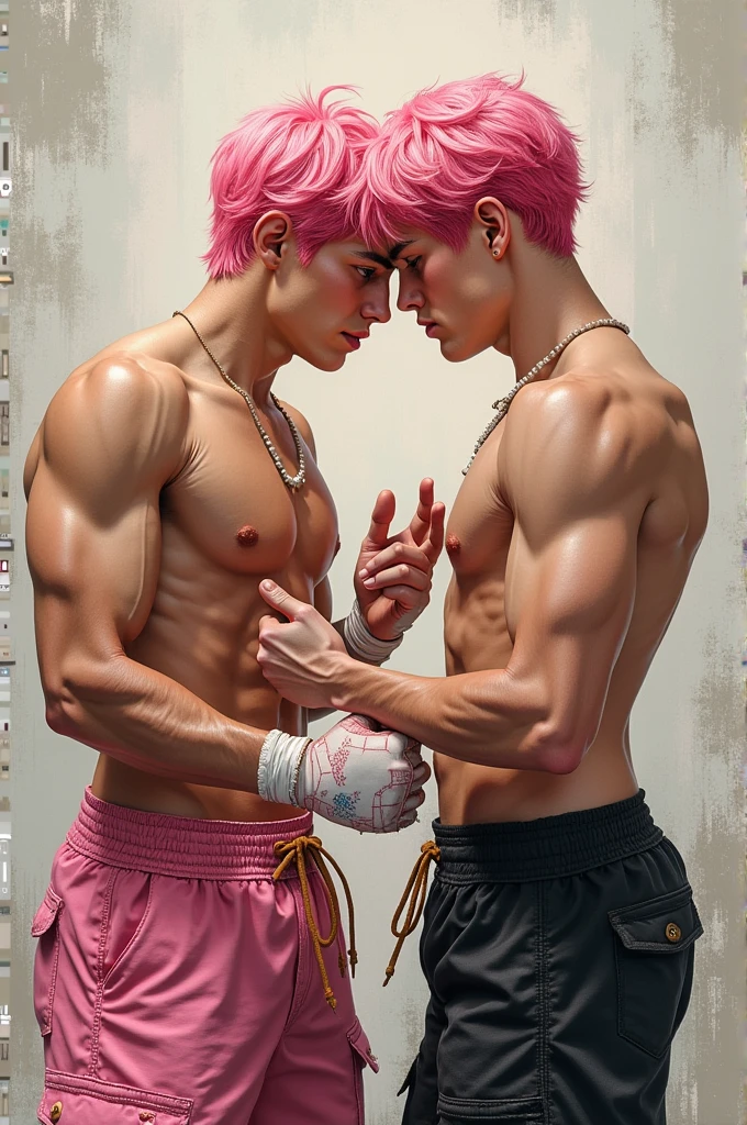 ((best quality)), ((masterpiece)), (detailed), perfect face fight between boy with short pink hair, wearing no shirt, pink pants, contra  de cabelo preto wearing no shirt bermuda preta e tênis  manga 
