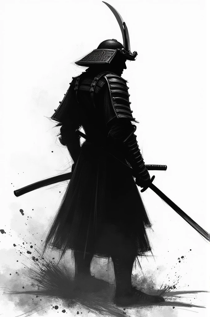 Samurai, silhouette, sketch, black and white