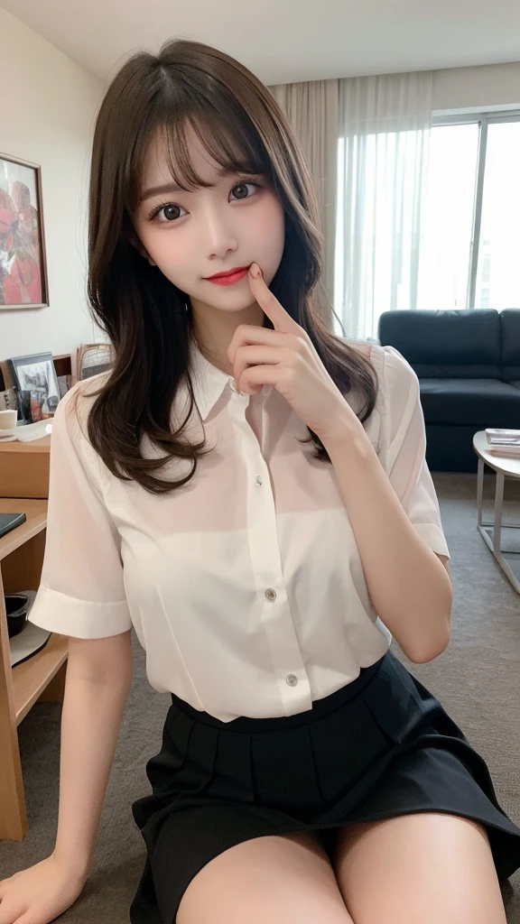 table top, highest quality, shape, Super detailed, finely, High resolution, 8k wallpaper, Perfect dynamic composition, beautiful and detailed eyes, Gcup breasts, Natural color lip, Random  pose,smile,20 year old girl、Beautiful and dense face、perfect and beautiful face,Big eyes、real photos（best image quality）,cute face、cute、blouse(black)、pleated skirt、Blurred tower apartment living room background、sexye、shirtlift、selfie mirror