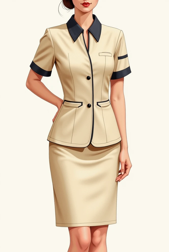 Women's short-sleeved flight attendant uniform, V-neck, no collar, cream color, with dark gray details, round color, luxurious, minimal, a little fashionable, Lanna style, a little more colorful, full body, legs visible, the shirt and skirt are separate, from the same collection, watercolor mixed with colored pencils.