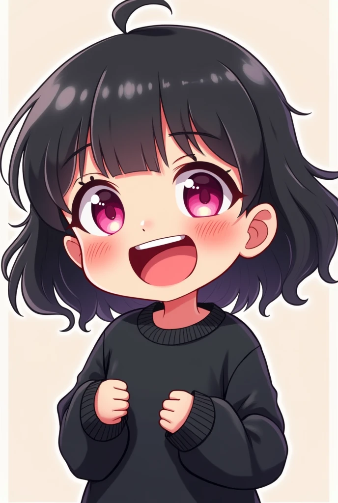 medium black hair girl with bangs, pink eyes and black sweatshirt, chibi style, laughing outrageously