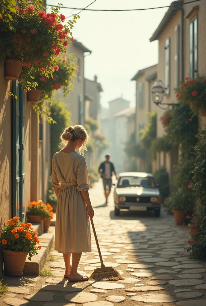 a blonde girl, age 25,  washes the front of the house on a street typical of the villages of Provence. Man changing the tire on his old Renault. Walks towards the viewer. Flower boxes in houses .Filtro Foggy, David Hamilton Style.