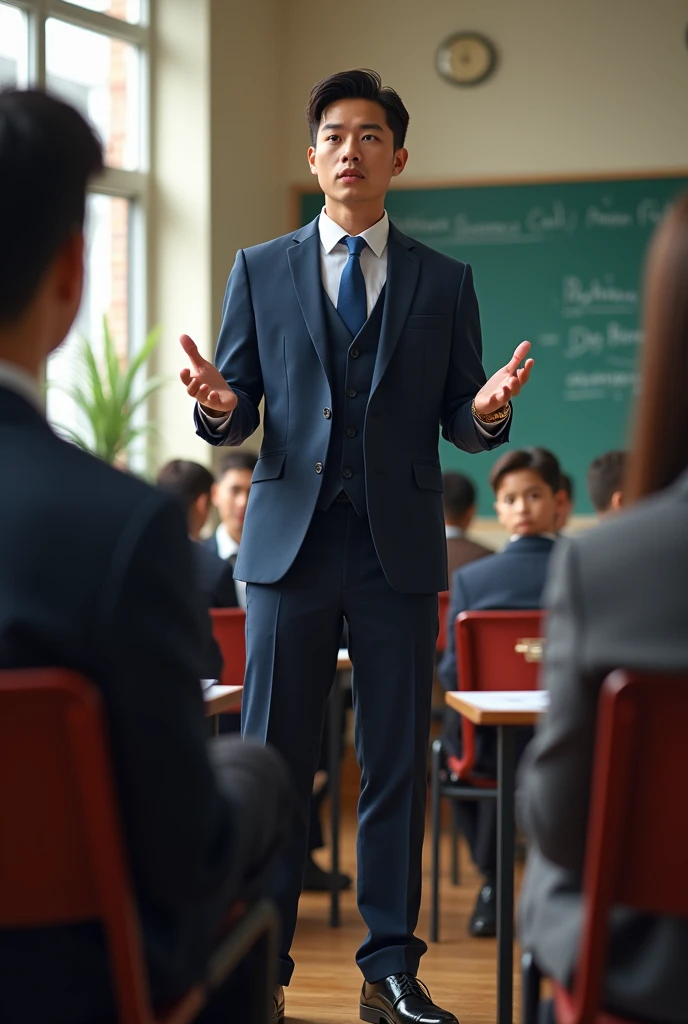 Draw a teenager teacher who is teaching English who is wearing dark blue suit, and blue tie, there is also gold watch. He is wearing classic black oxford shoes.