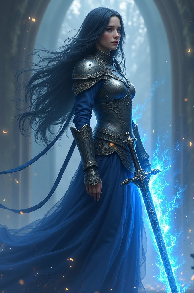 Elden ring, Priest, light armor, sorcery, mystic, sword, blue magical flame, woman, long black hair, portrait