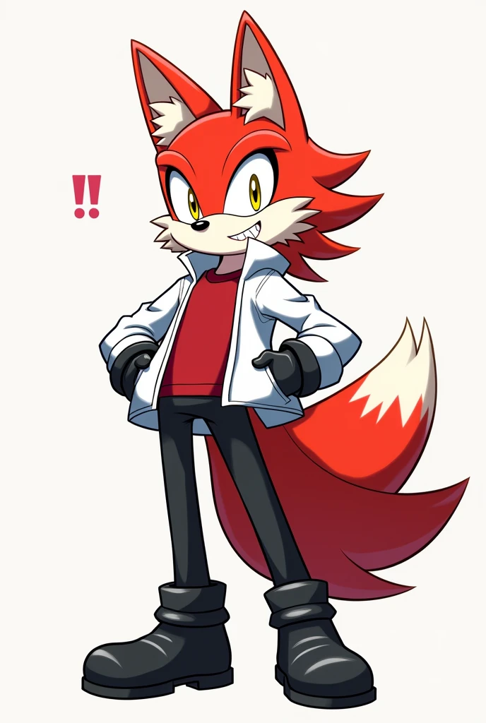 Create a Kitsune with long hair that is half white and half red, with a big ponytail, with fringe on the left side, yellow  eyes, eyes large, humanoid, with ears and nine tails,in the form of a Sonic-style character, o nome dele é Kito Kaiiatsubaky, Men&#39;s White Windbreaker Jacket with Red Shirt, black pants and men&#39;s black boots,with gloves, Personalidade: always cheerful and lively and willing to protect his friends and companions.
