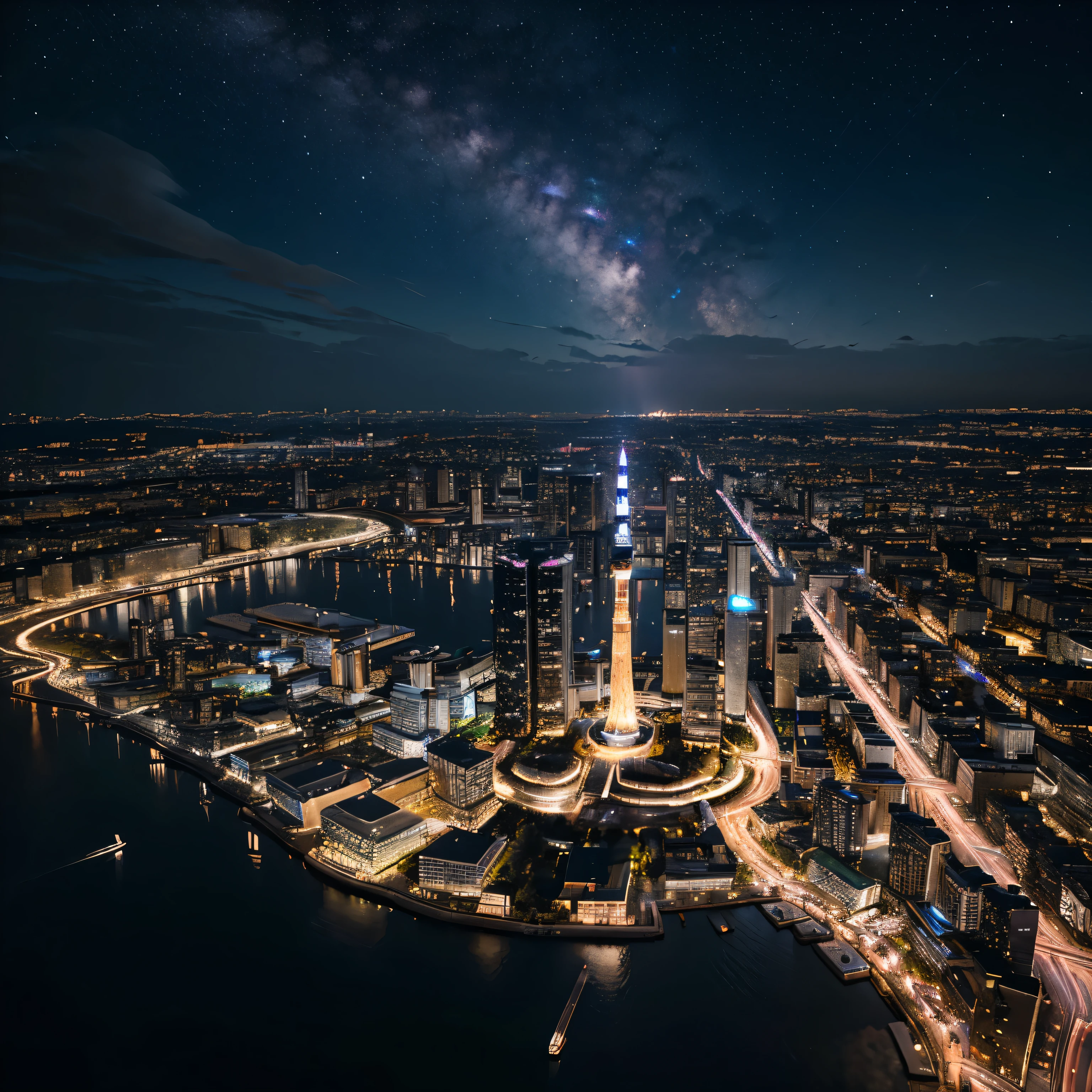 A starry sky sparkling in a pitch black expanse that draws you in、Astronomical Observation、
Three-dimensional clouds、Million Dollar Night View、romantic、Fantasy、Tokyo night view、Tokyo Tower、Brilliant、photograph、Wide angle、Colorful night view、、Colorful、Neon color、Brightness gradation high resolution(8k)、Ultra-high precision、Realistic texture、The city below、horizontal line、Vast、Panorama、Rear Stick、Brilliant、masterpiece、Milky Way、curve、Bird's Eye View、Looking down from above