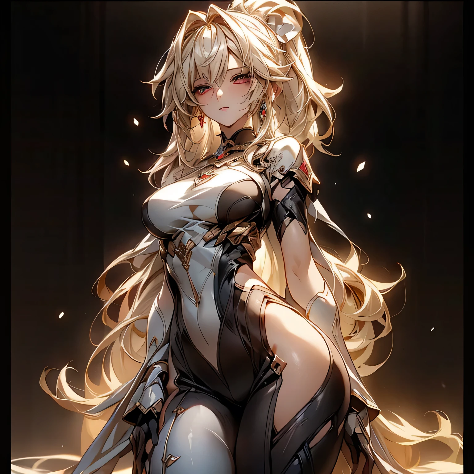 (best quality)), ((Masterpiece)), (details:1.4), 3d, HDR (high dynamic range), an image of a beautiful cyberpunk female, fantasy, Hips up, Blonde hair, High ponytail, Red eyes, จมูกโด่ง, ปากแดง, หน้าอกใหญ่, nvidia RTX, PBR surface, After processing, Anisotropic filtration,depth of field, Maximum clarity and clarity, multi-layered surface, Subsurface scattering, perfect proportions, 8K raw files, ultra detailed, Perfect proportions, volumetric lighting, soft lighting, Holy Paladin, Heavy black Armor, glossy skin, chapel background, jewely, ต่างหู, นิ้วมือสมบูรณ์,