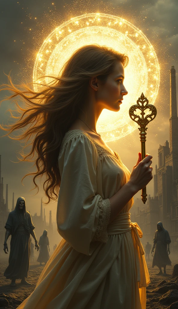 A half-length, profile portrait of a radiant young woman holding an ornate golden key that symbolizes victory. Her face is serene and determined, her eyes shining with hope. Her hair flows gently, as if moved by a divine breeze. Around her, a desolate, apocalyptic scene stretches out: ruined buildings, dead trees, and stormy skies. Distorted specters of zombified people writhe in the shadows, representing defeat. Their bodies are elongated and deformed, with expressions of anguish and despair.
A celestial halo surrounds the young woman, creating a dramatic contrast with the somber surroundings. This aura emits particles of golden and silver light, forming intricate, fractal patterns that suggest holiness and divine protection. The texture of this aura is ethereal and detailed, with subtle layers of light overlapping one another (UNTOUCHABLE, SANCTIFIED, and INTRINCATED: 1.5). Apply the chiaroscuro technique to the specters and the surrounding environment, creating deep shadows and intense lights that accentuate the contrast between light and darkness. This technique should evoke a palpable texture of terror, abyss and hopelessness (TERROR, ABYSS AND HOPELESSNESS: 1.5).