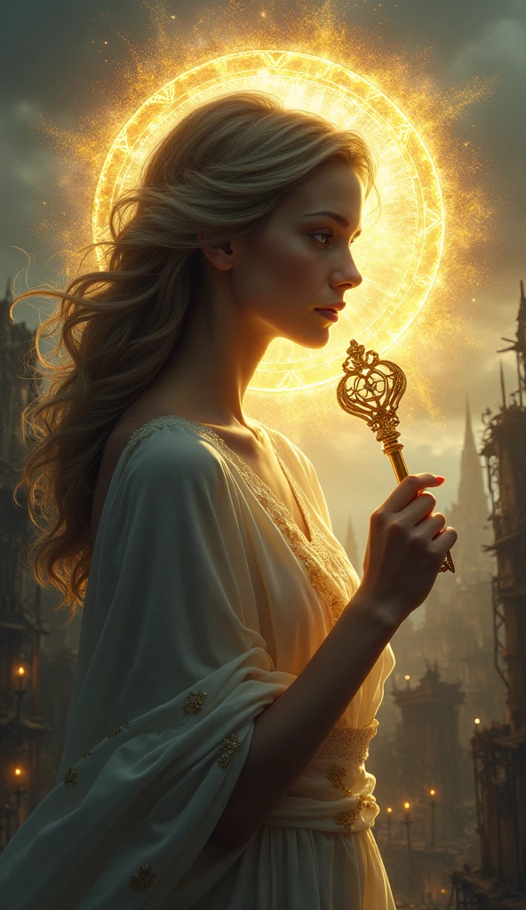 A half-length, profile portrait of a radiant young woman holding an ornate golden key that symbolizes victory. Her face is serene and determined, her eyes shining with hope. Her hair flows gently, as if moved by a divine breeze. Around her, a desolate, apocalyptic scene stretches out: ruined buildings, dead trees, and stormy skies. Distorted specters of zombified people writhe in the shadows, representing defeat. Their bodies are elongated and deformed, with expressions of anguish and despair.
A celestial halo surrounds the young woman, creating a dramatic contrast with the somber surroundings. This aura emits particles of golden and silver light, forming intricate, fractal patterns that suggest holiness and divine protection. The texture of this aura is ethereal and detailed, with subtle layers of light overlapping one another (UNTOUCHABLE, SANCTIFIED, and INTRINCATED: 1.5). Apply the chiaroscuro technique to the specters and the surrounding environment, creating deep shadows and intense lights that accentuate the contrast between light and darkness. This technique should evoke a palpable texture of terror, abyss and hopelessness (TERROR, ABYSS AND HOPELESSNESS: 1.5).