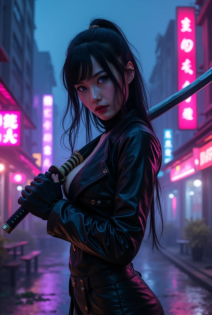at night, some buildings from china, bars, purple phosphorescent lights, and a woman with black hair and blue eyes, small nose,Super pretty with a black leather suit and a katana in her hands, handling it perfectly