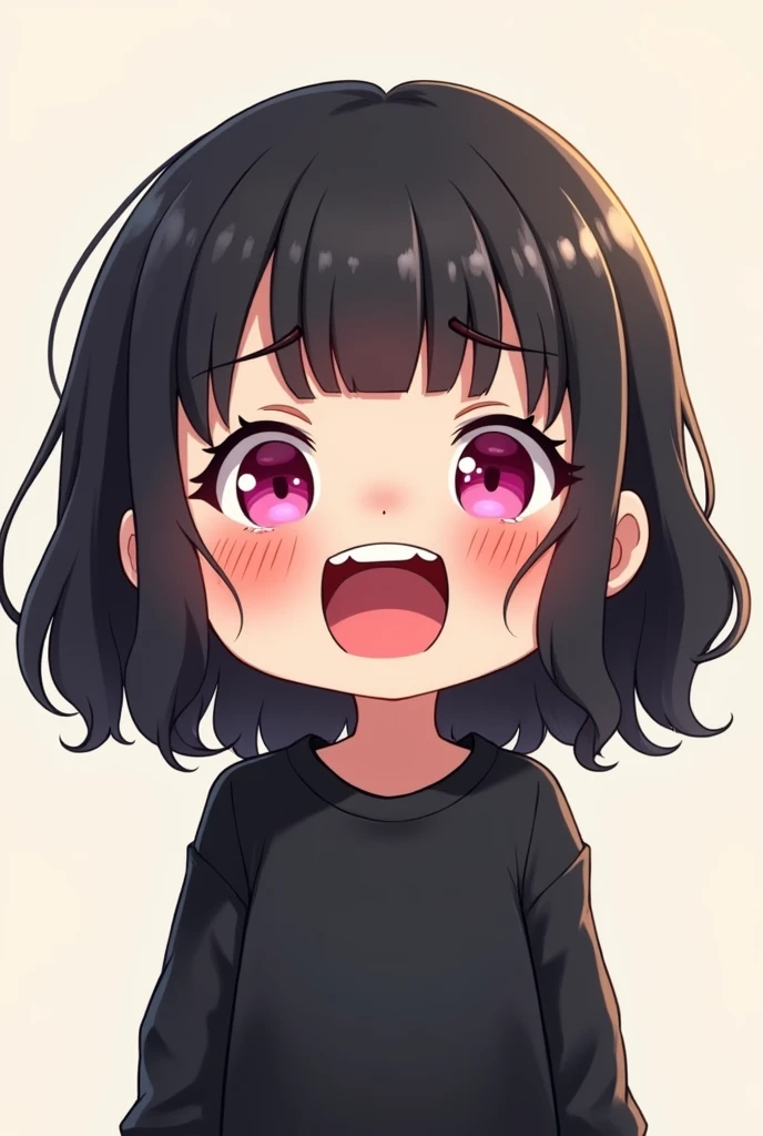 medium black hair girl with bangs, pink eyes and black sweatshirt, chibi style, laughing outrageously