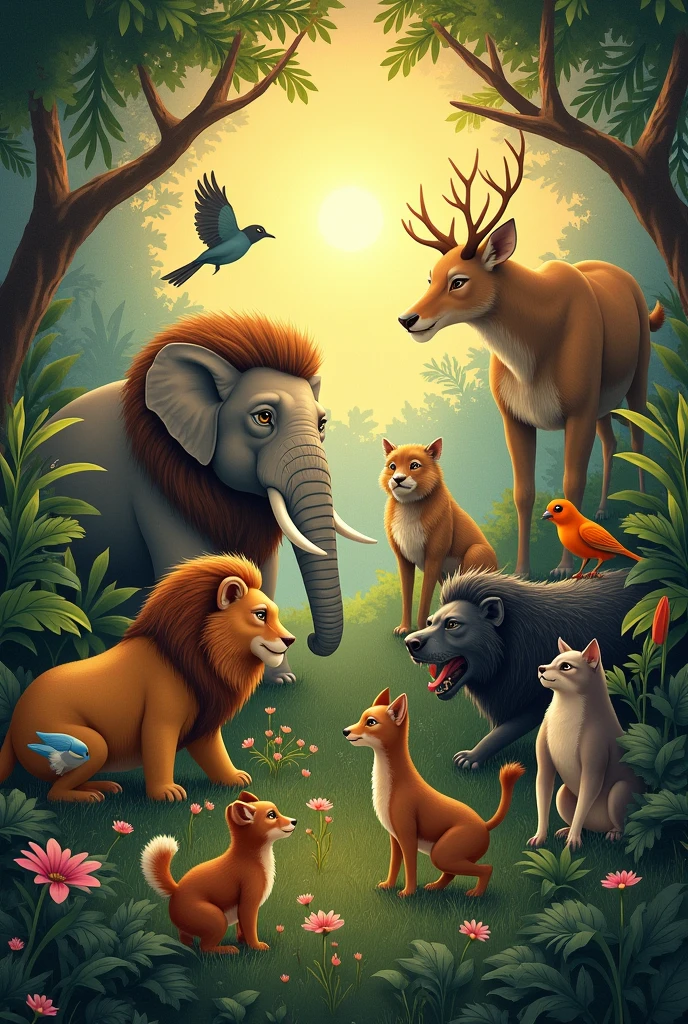 Animals kingdom in jungle living all together with love . They are like to talking to each other and some are feeding their cats and dogs . Birds are whispering and it's evening time . Image must have all species of animals and birds