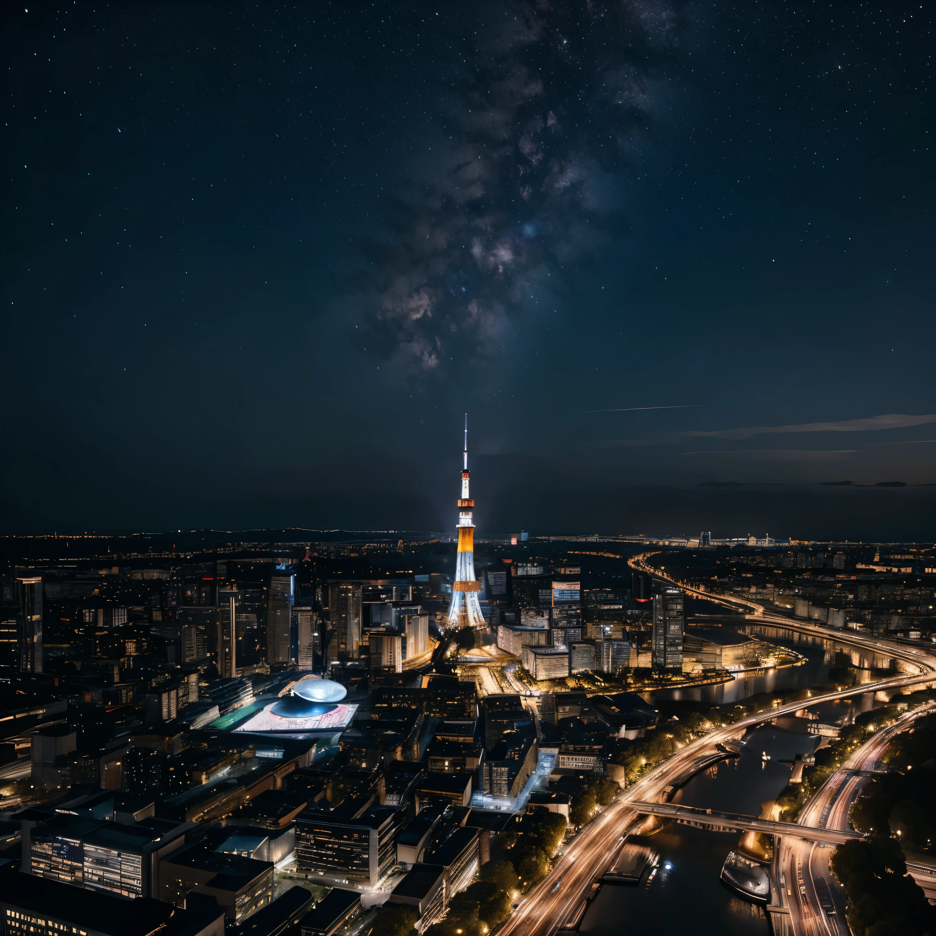 A starry sky sparkling in a pitch black expanse that draws you in、Astronomical Observation、
Three-dimensional clouds、Million Dollar Night View、romantic、Fantasy、Tokyo night view、Tokyo Tower、Brilliant、photograph、Wide angle、Colorful night view、、Colorful、Neon color、Brightness gradation high resolution(8k)、Ultra-high precision、Realistic texture、The city below、horizontal line、Vast、Panorama、Rear Stick、Brilliant、masterpiece、Milky Way、curve、Bird's Eye View、Looking down from above