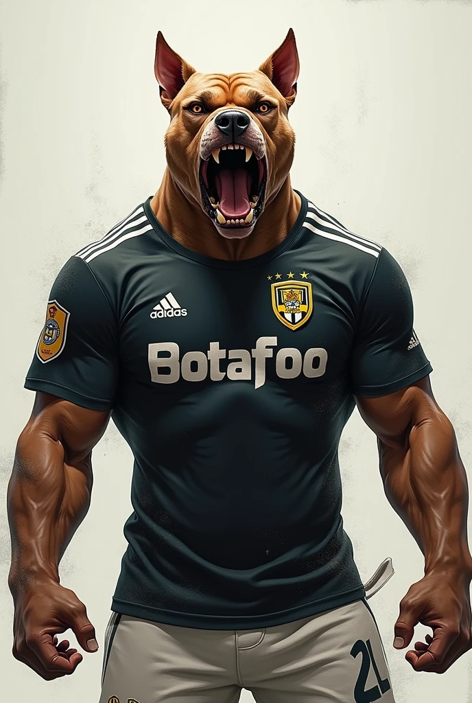 Create a humanoid angry Pitbull with a black and white Botafogo team shirt, improved