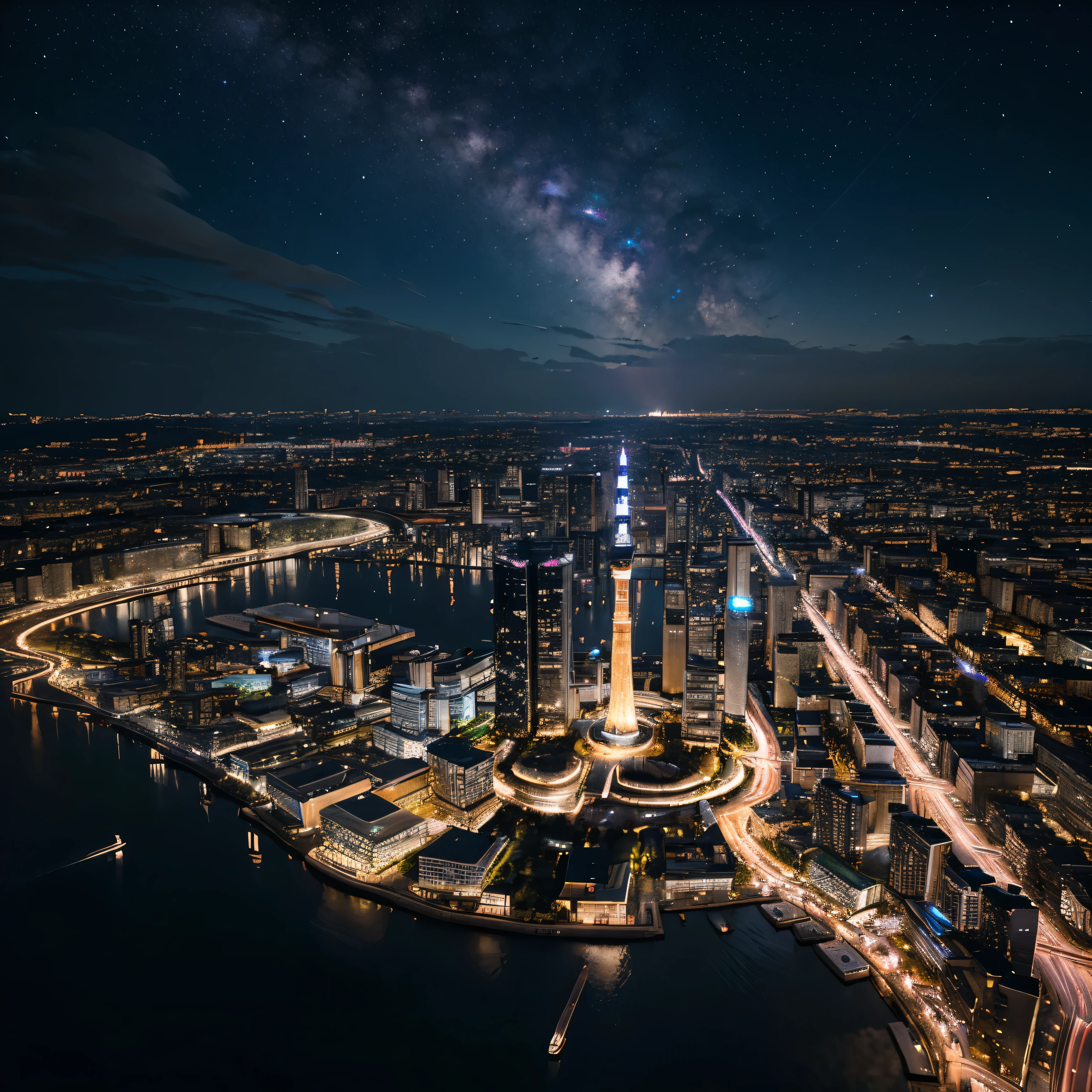 A starry sky sparkling in a pitch black expanse that draws you in、Astronomical Observation、
Three-dimensional clouds、Million Dollar Night View、romantic、Fantasy、Tokyo night view、Tokyo Tower、Brilliant、photograph、Wide angle、Colorful night view、、Colorful、Neon color、Brightness gradation high resolution（8k）、Ultra-high precision、Realistic texture、The city below、horizontal line、Vast、Panorama、Rear Stick、Brilliant、masterpiece、Milky Way、curve、Bird&#39;s Eye View、Looking down from above