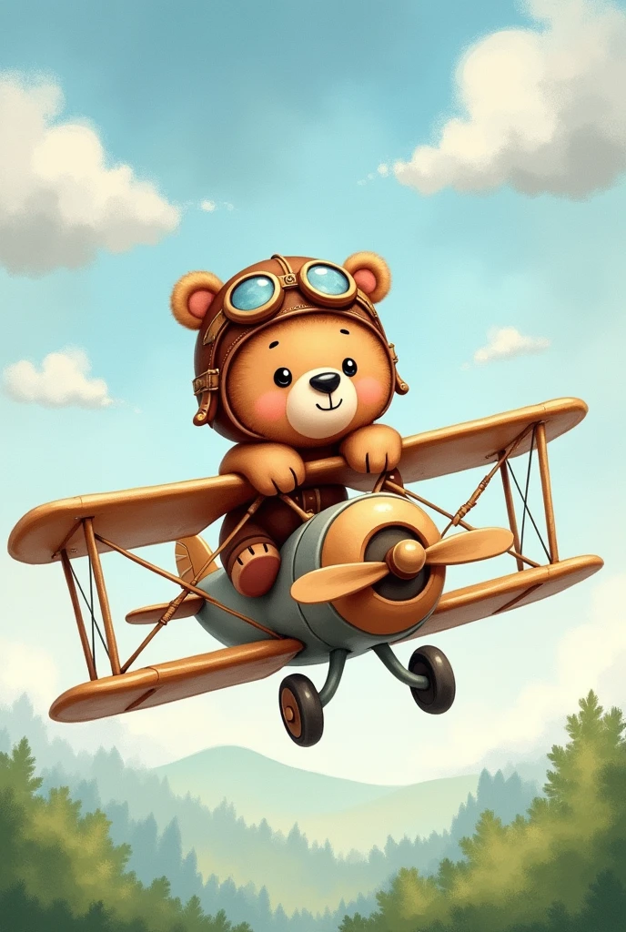 Baby aviator bear flying a plane in watercolor in blue, green and beige colors 4k