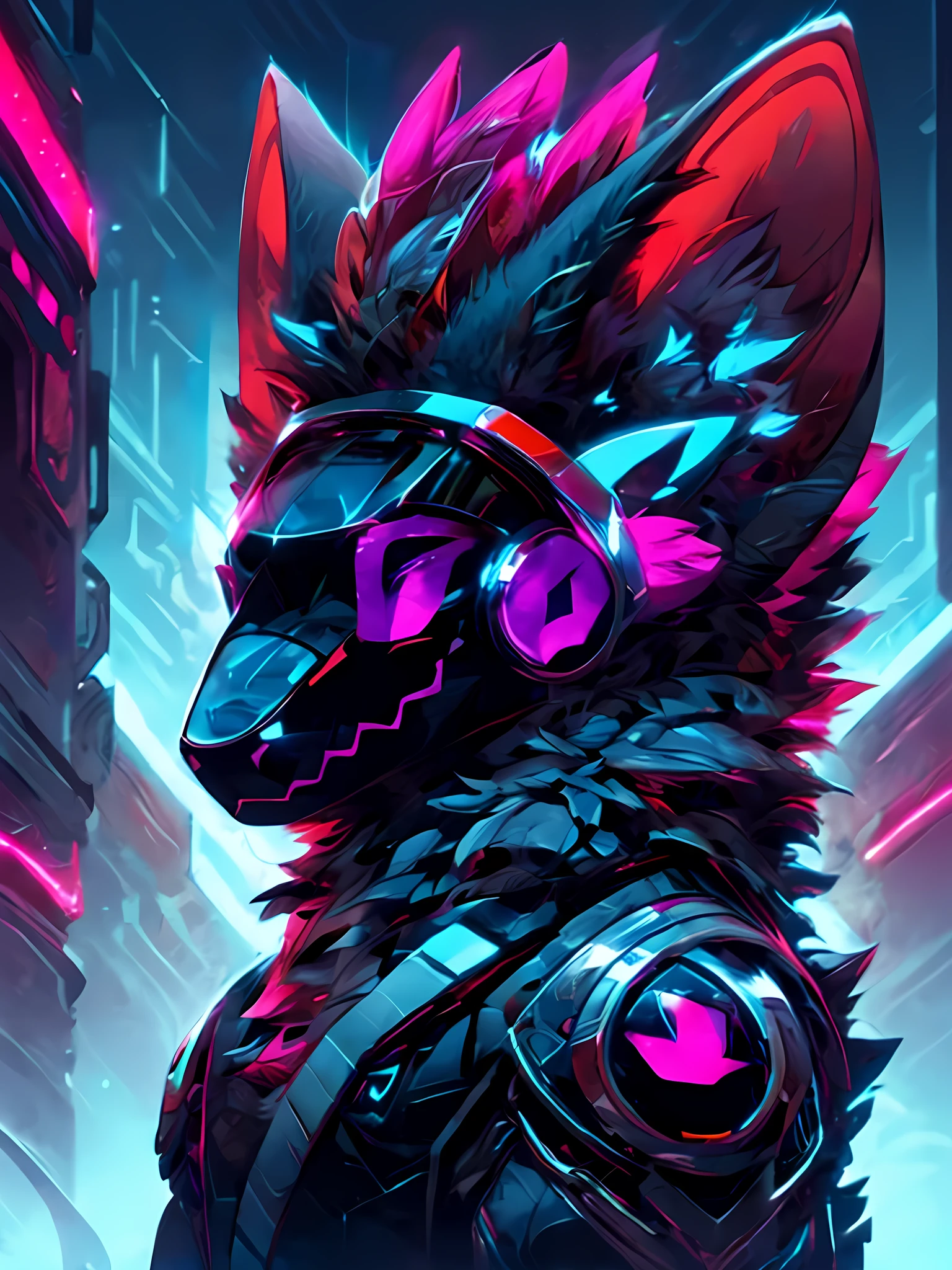 male character, protogen, primagen, furry, furry character, fur, fluff, blue fur, advanced technology, fox ears, chrome light armor, protogen modern black armor, looking at the landscape, future city, cyberpunk city, effeminate, dynamic lighting, purple neon, blue lights, neon lights, single character, high definition, high quality, detailed, beautiful, piece of art, incredible art