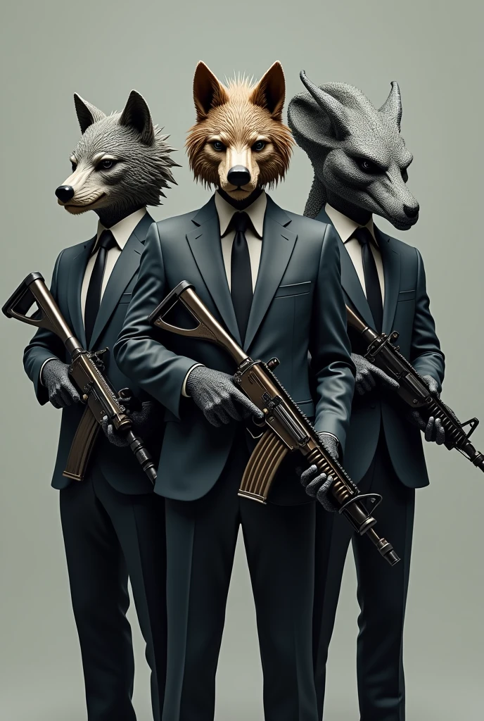3 people with super realistic and comfortable masks, the 3 paras and suits , en medio uno com mascara de lobo 🐺 a la derecha uno con mascara de dragón 🐲 a la izquierda uno con mascara de alienigena 👽 los 3 com armas y muchas balas,., that all 3 can be seen in HD. Let the masks have more texture and hair