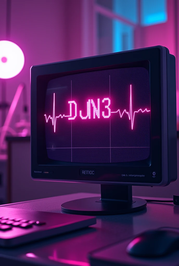 An ECG line of a heartbeat but Instead of the beat it shows the name “DJN3” in capital letters inside of the wave with a violett vibe and there’s much going on and it’s on the screen of the ECG-device inside of a hospital in a retro style and the line goes beyond the screen
