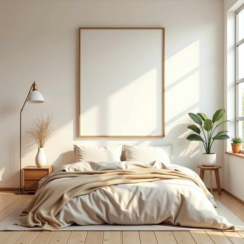 An ultra-realistic bedroom scene featuring a neatly made bed with warm beige and white striped bedding. Above the bed, a DIN A-sized vertical white-framed canvas hangs on the wall, completely blank except for the soft reflections of natural light and subtle shadows. A large window allows sunlight to fill the room, casting gentle light across the blank canvas. Next to the window, a small wooden side table holds potted plants, and a minimalist floor lamp adds warmth. The room has light wooden floors, neutral walls, and a cozy, modern atmosphere, with intricate details like the texture of the bedding and the soft reflections on the vertical canvas.
