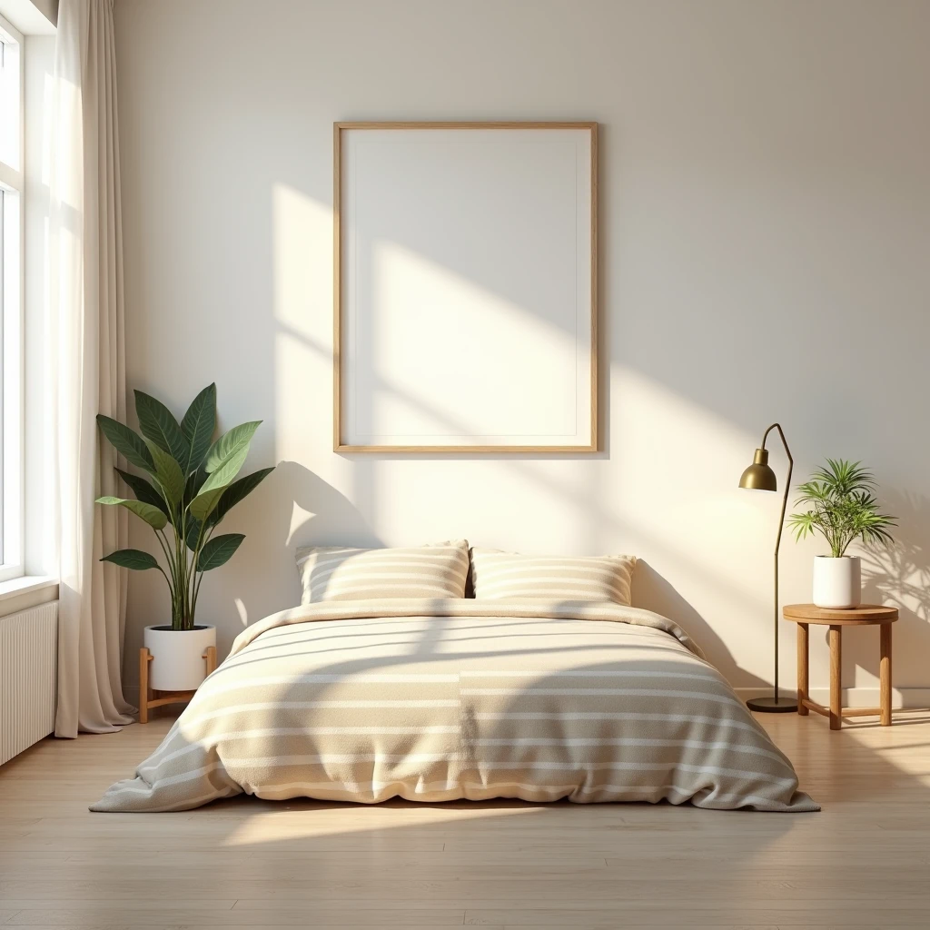 An ultra-realistic bedroom scene featuring a neatly made bed with warm beige and white striped bedding. Above the bed, a DIN A-sized vertical white-framed canvas hangs on the wall, completely blank except for the soft reflections of natural light and subtle shadows. A large window allows sunlight to fill the room, casting gentle light across the blank canvas. Next to the window, a small wooden side table holds potted plants, and a minimalist floor lamp adds warmth. The room has light wooden floors, neutral walls, and a cozy, modern atmosphere, with intricate details like the texture of the bedding and the soft reflections on the vertical canvas.