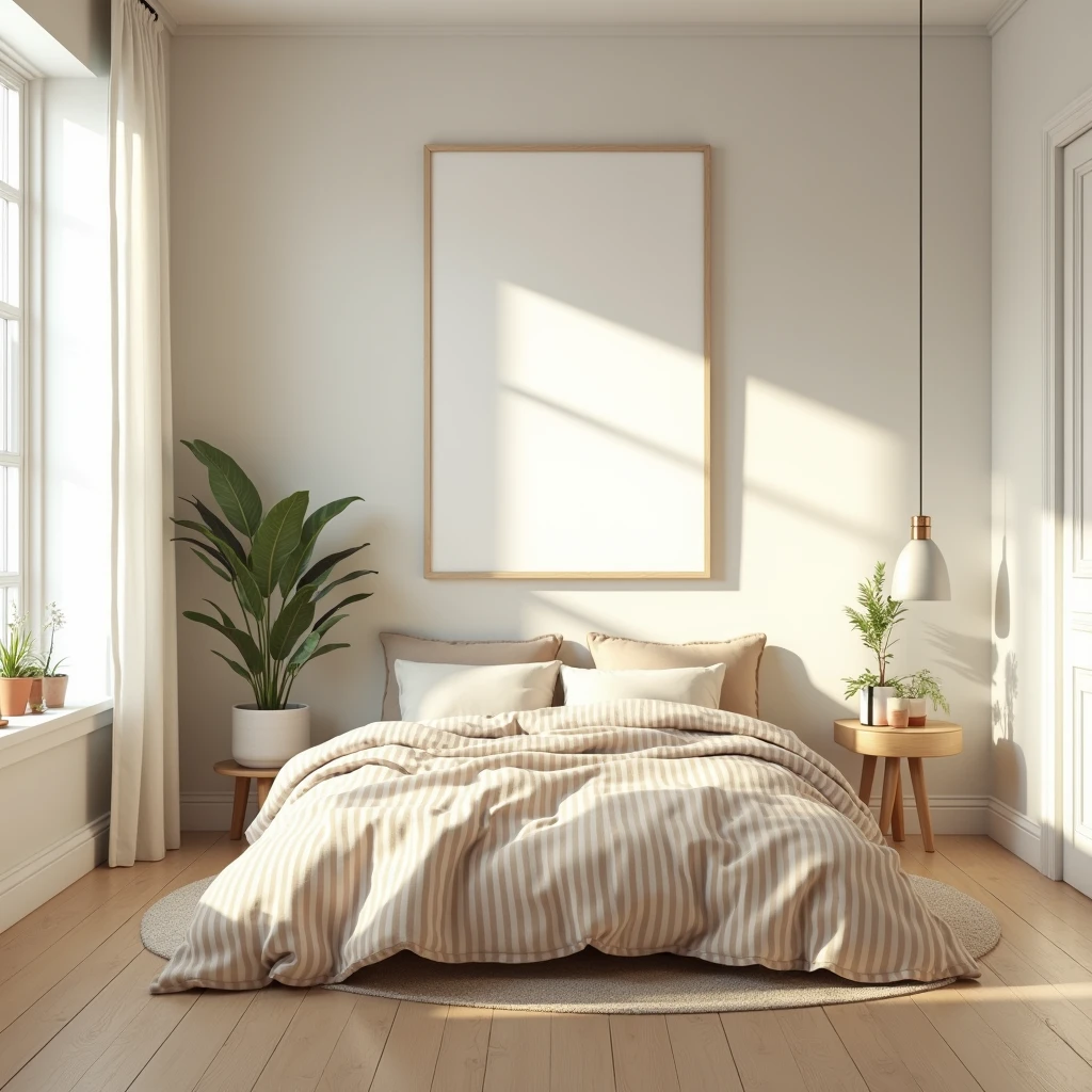 An ultra-realistic bedroom scene featuring a neatly made bed with warm beige and white striped bedding. Above the bed, a DIN A-sized vertical white-framed canvas hangs on the wall, completely blank except for the soft reflections of natural light and subtle shadows. A large window allows sunlight to fill the room, casting gentle light across the blank canvas. Next to the window, a small wooden side table holds potted plants, and a minimalist floor lamp adds warmth. The room has light wooden floors, neutral walls, and a cozy, modern atmosphere, with intricate details like the texture of the bedding and the soft reflections on the vertical canvas.